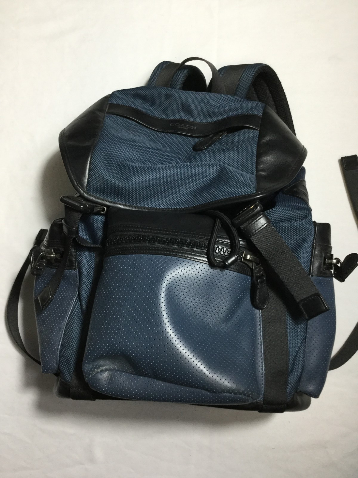 COACH F24677 Terrain Trek Pack Denim Navy Backpack Laptop Calf Leather Authentic