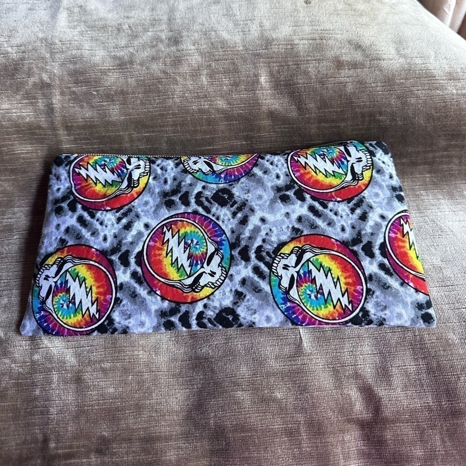 Grateful Dead lightning bolt zipper Rainbow cosmetic bag tie dye cotton
