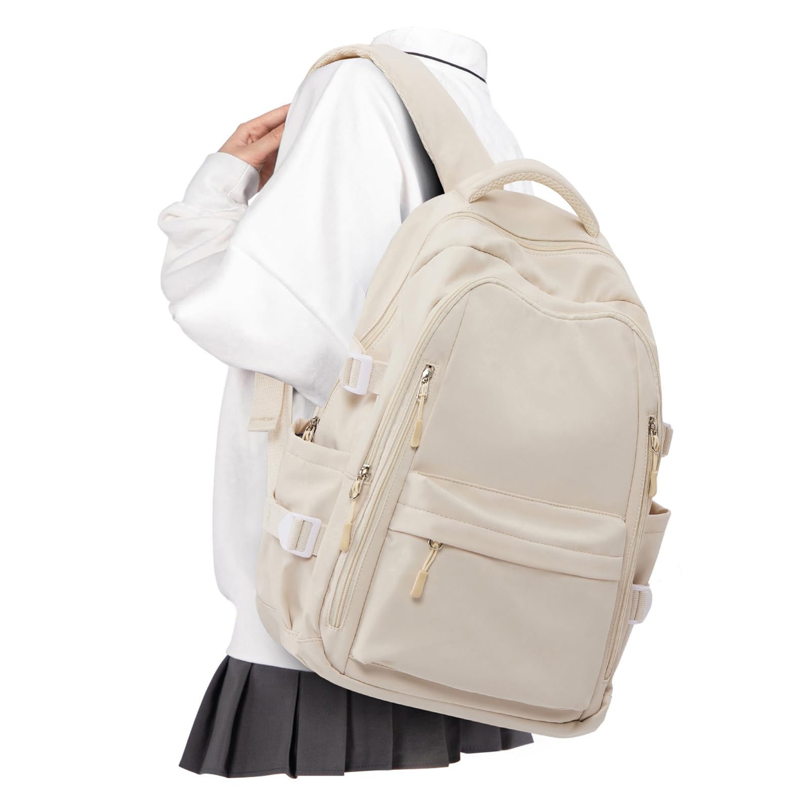 Beige Lightweight Backpack, Large Laptop, Travel, Casual Daypack, College Bag