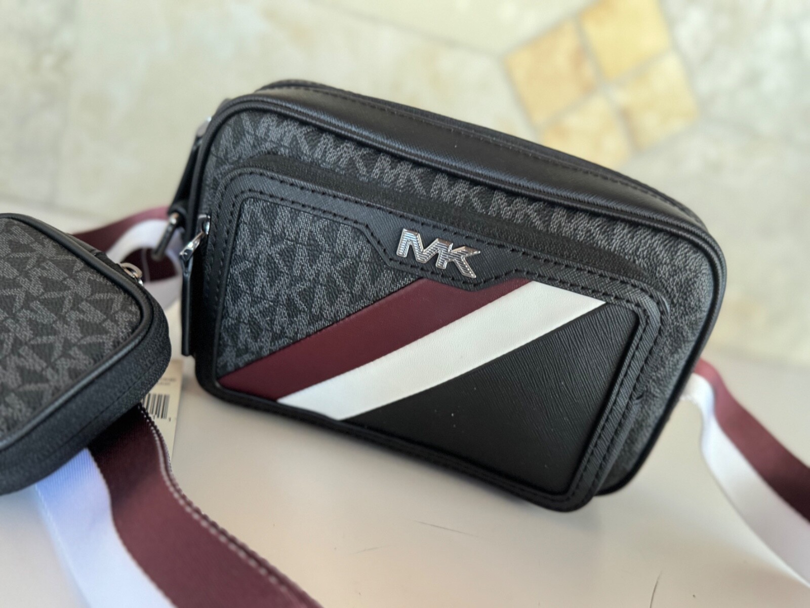 MICHAEL KORS RIVINGTON STRIPED CROSSBODY CAMERA BAG WITH POUCH OXBLOOD
