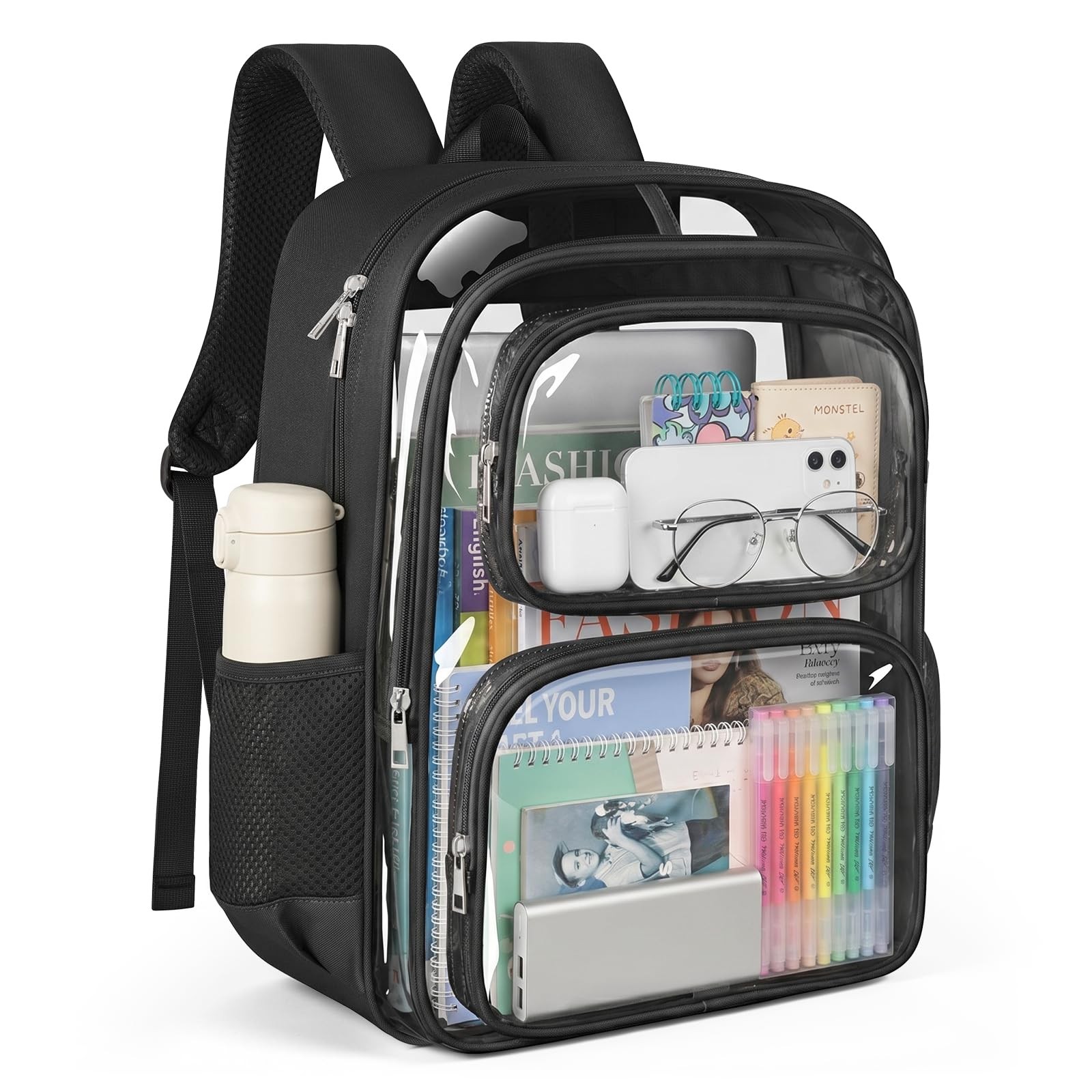 Clear Backpack, Fabric & PVC Clear Bookbag Heavy Duty Transparent Bag Large C…