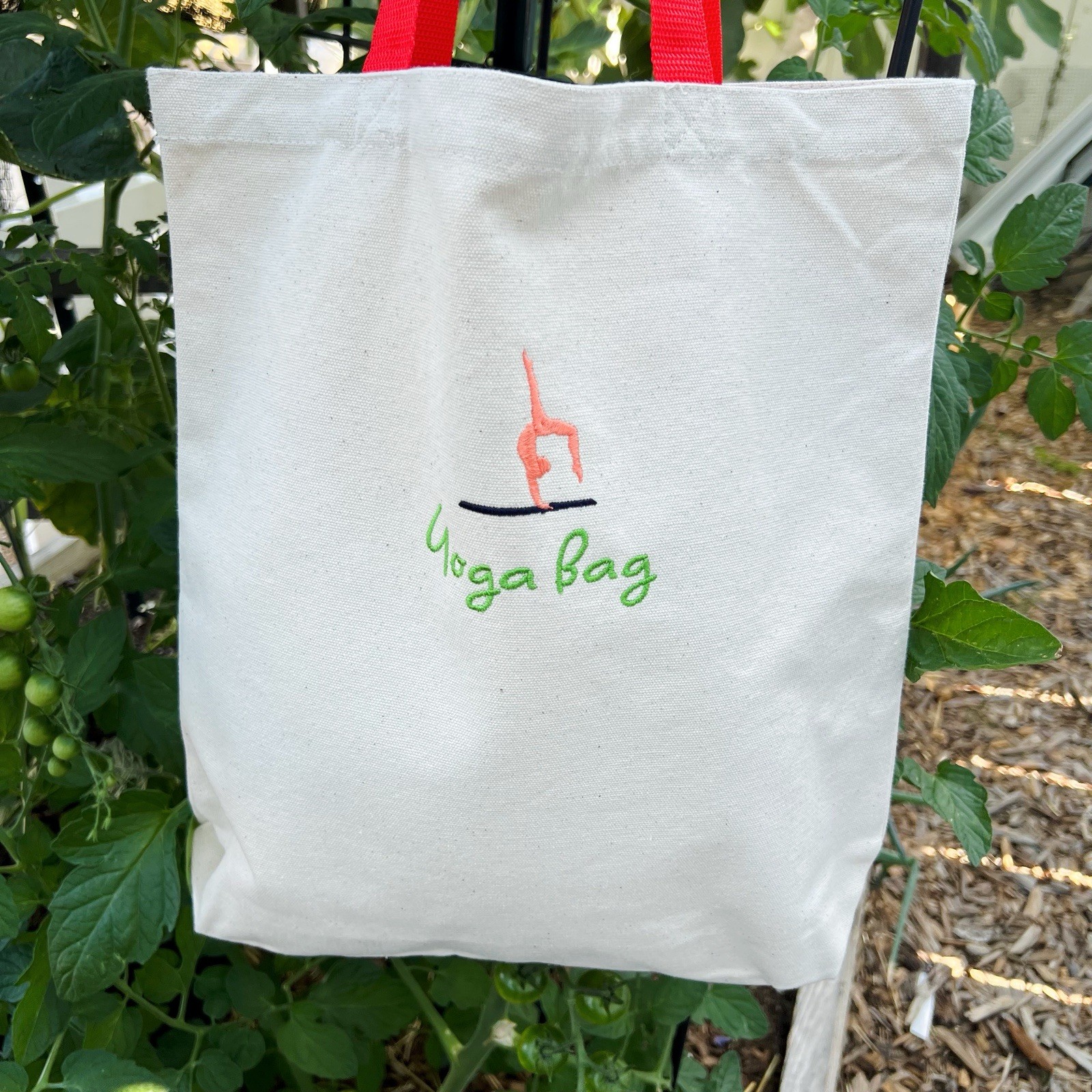 Yoga Bag logo Custom Embroidery Natural Color neon red handles Canvas tote Bag