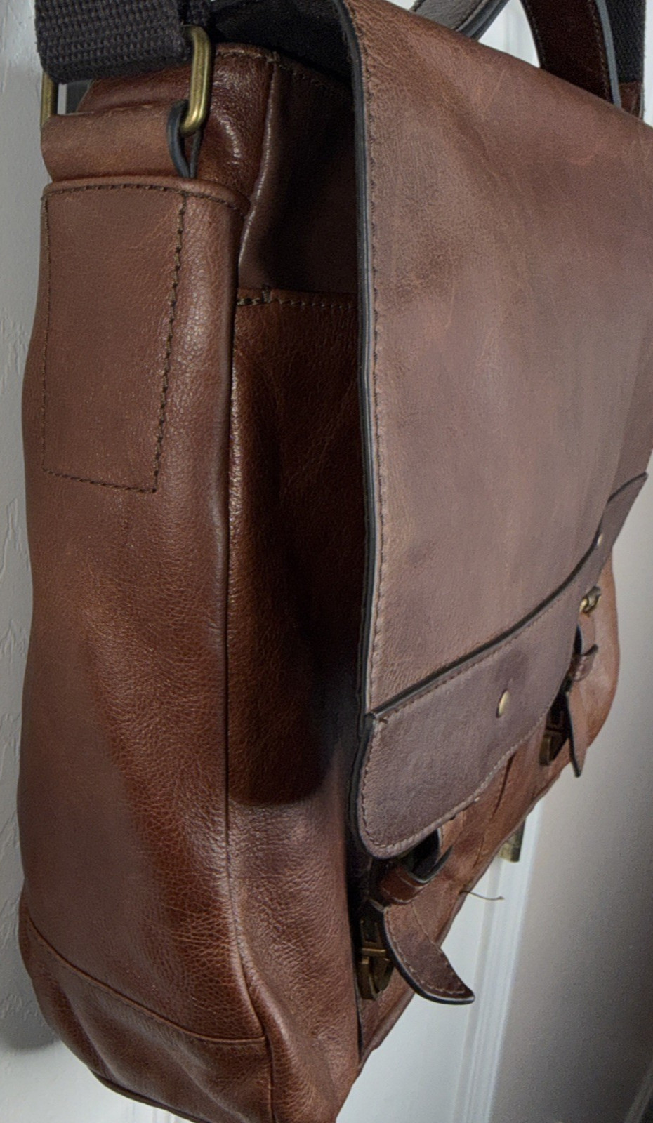 Vtg 90s Fossil Brown Cow Hide Leather Miles Messenger Bag Satchel Crossbody
