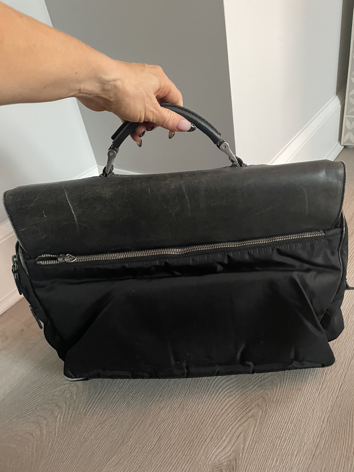 Prada Mens Single Handle Double Logo Clasp Large Briefcase Black Leather Nylon
