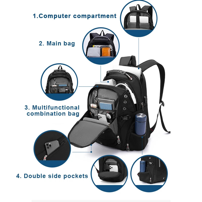 Waterproof 15.6/17.3 Inch Laptop Backpack Men USB Charging Swiss Backpack Travel