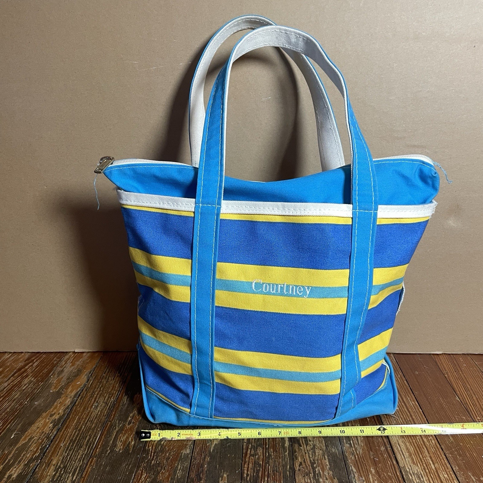 Vintage LL Bean Boat & Tote Striped Bag USA Made Canvas Courtney Straps Zipper