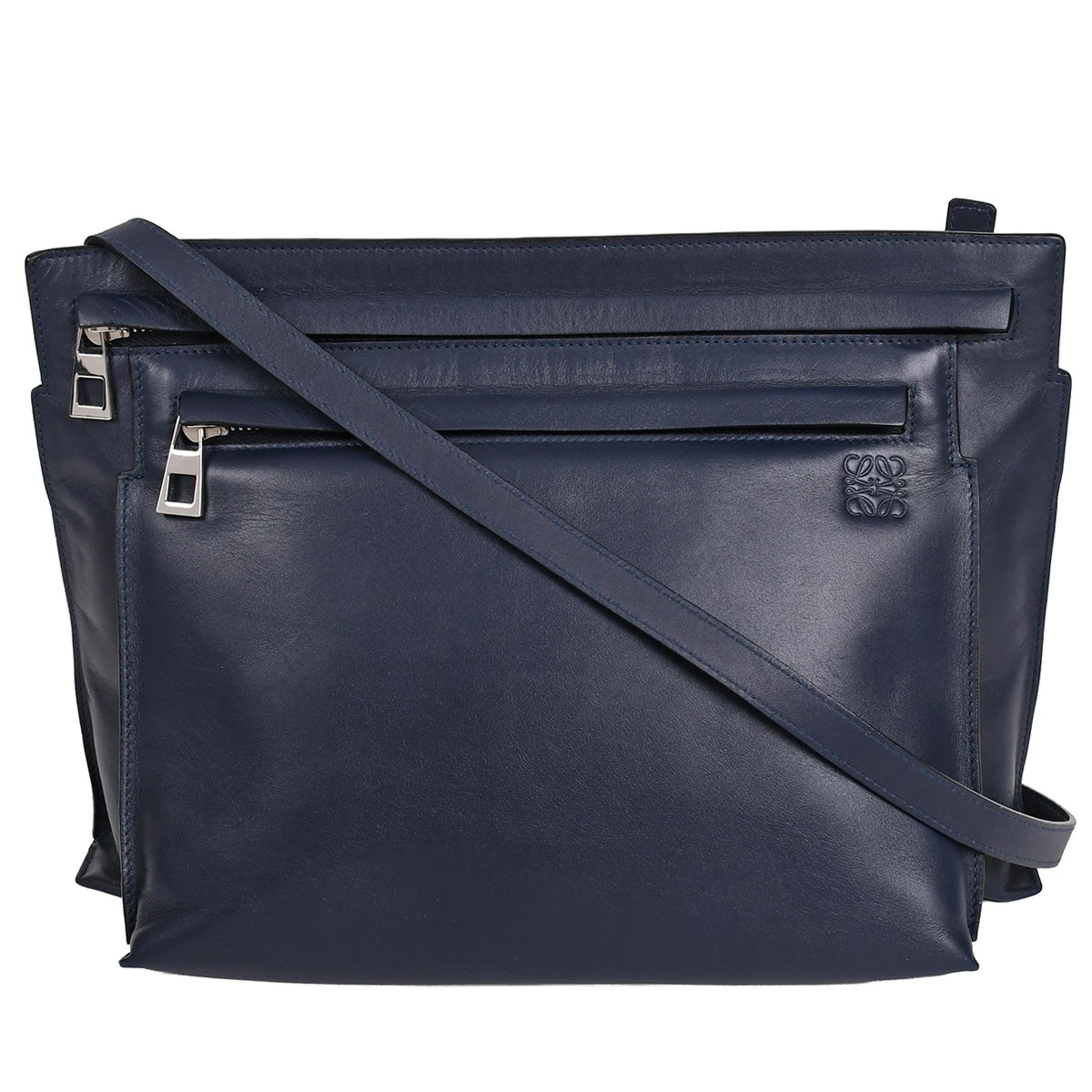 LOEWE Anagram Large Double Pouch Shoulder Crossbody Leather Navy Silver
