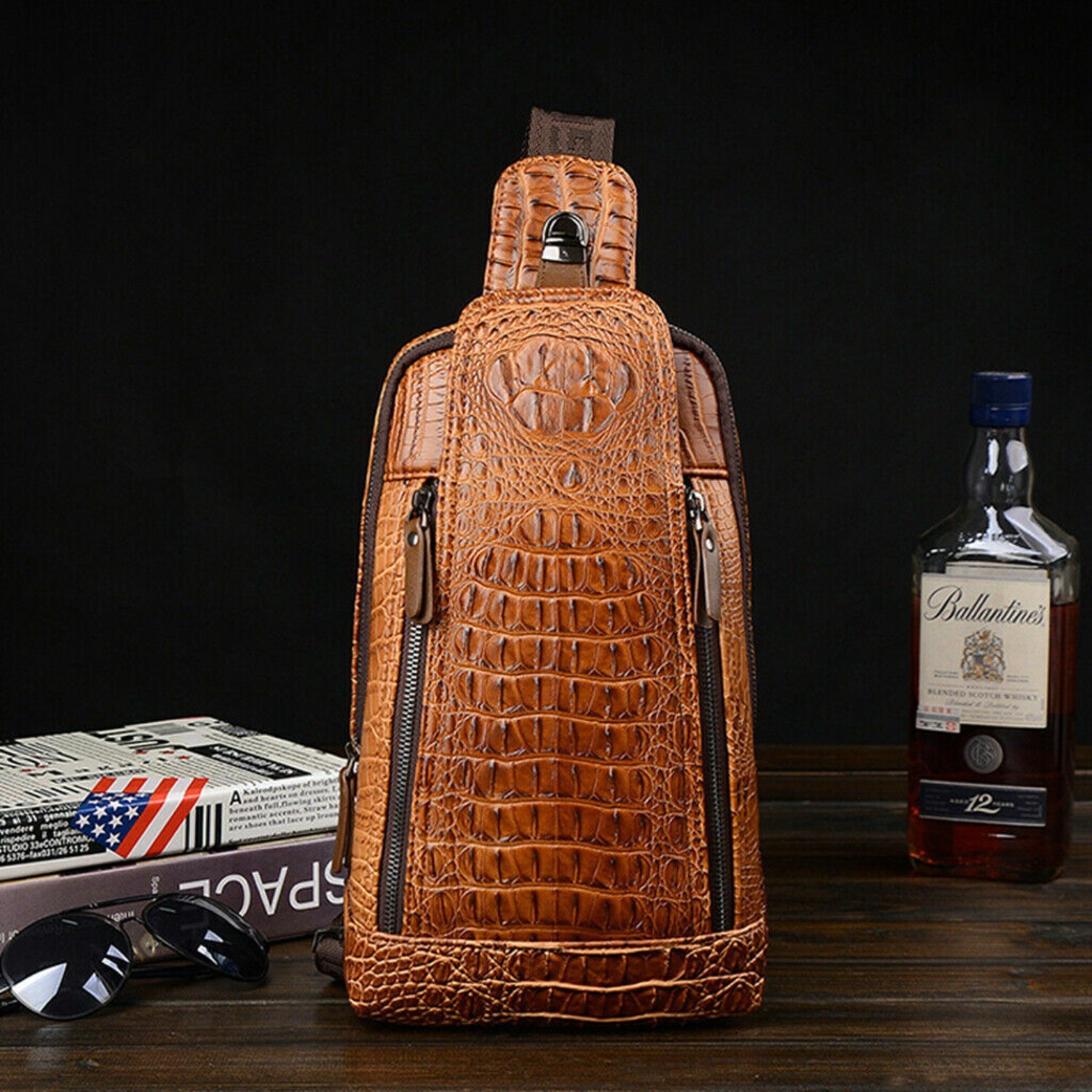 Mens Luxury Crocodile Pattern Chest Sling Backpack Leather Crossbody Travel Bag
