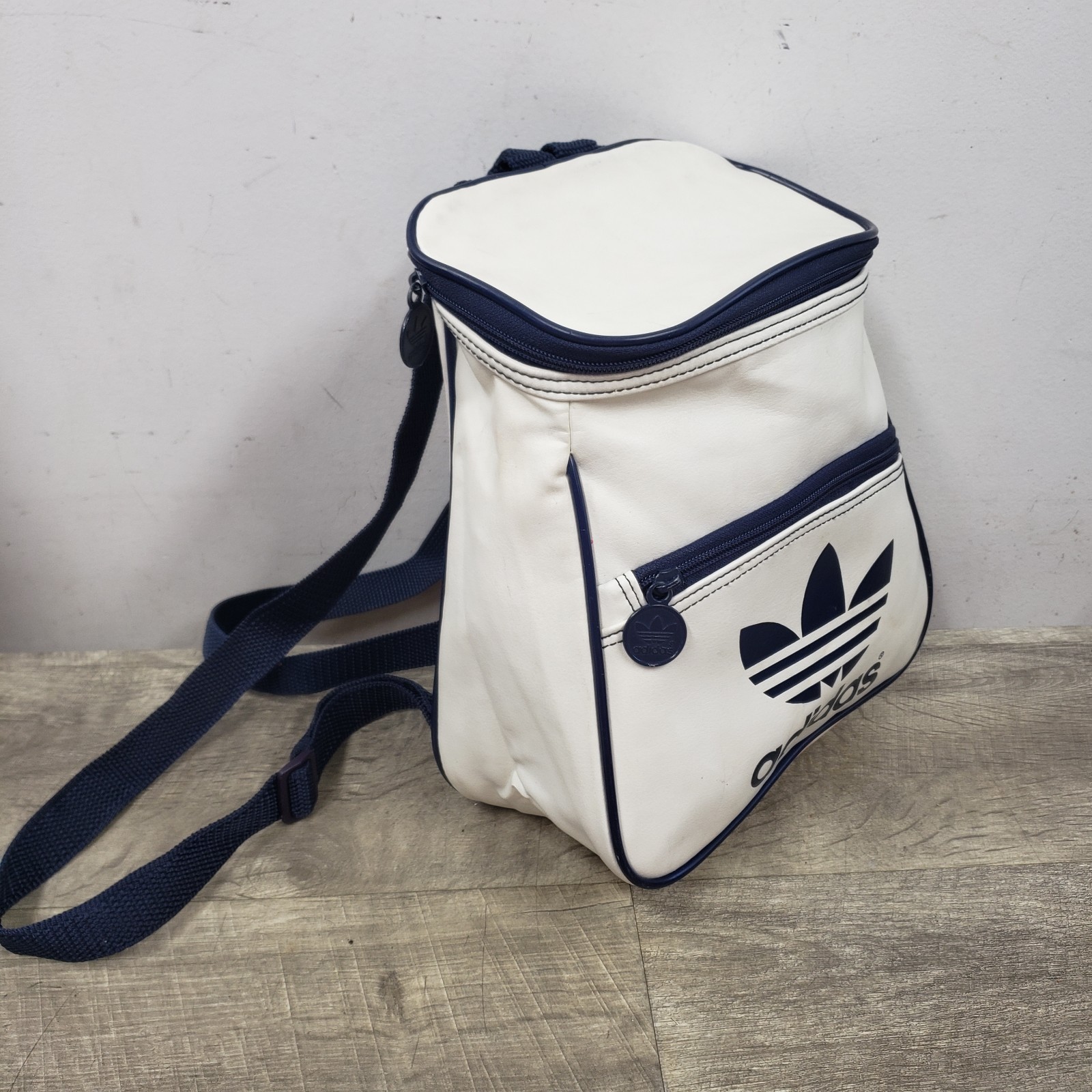 Vintage 80s White/Blue Adidas Backpack Tote Bag Gym Trefoil *Small Cute Vinyl