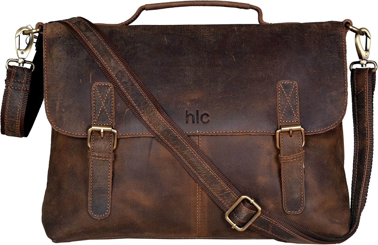 HLC Vintage Brown Buffalo Leather Laptop Messenger Bag for Men and Women