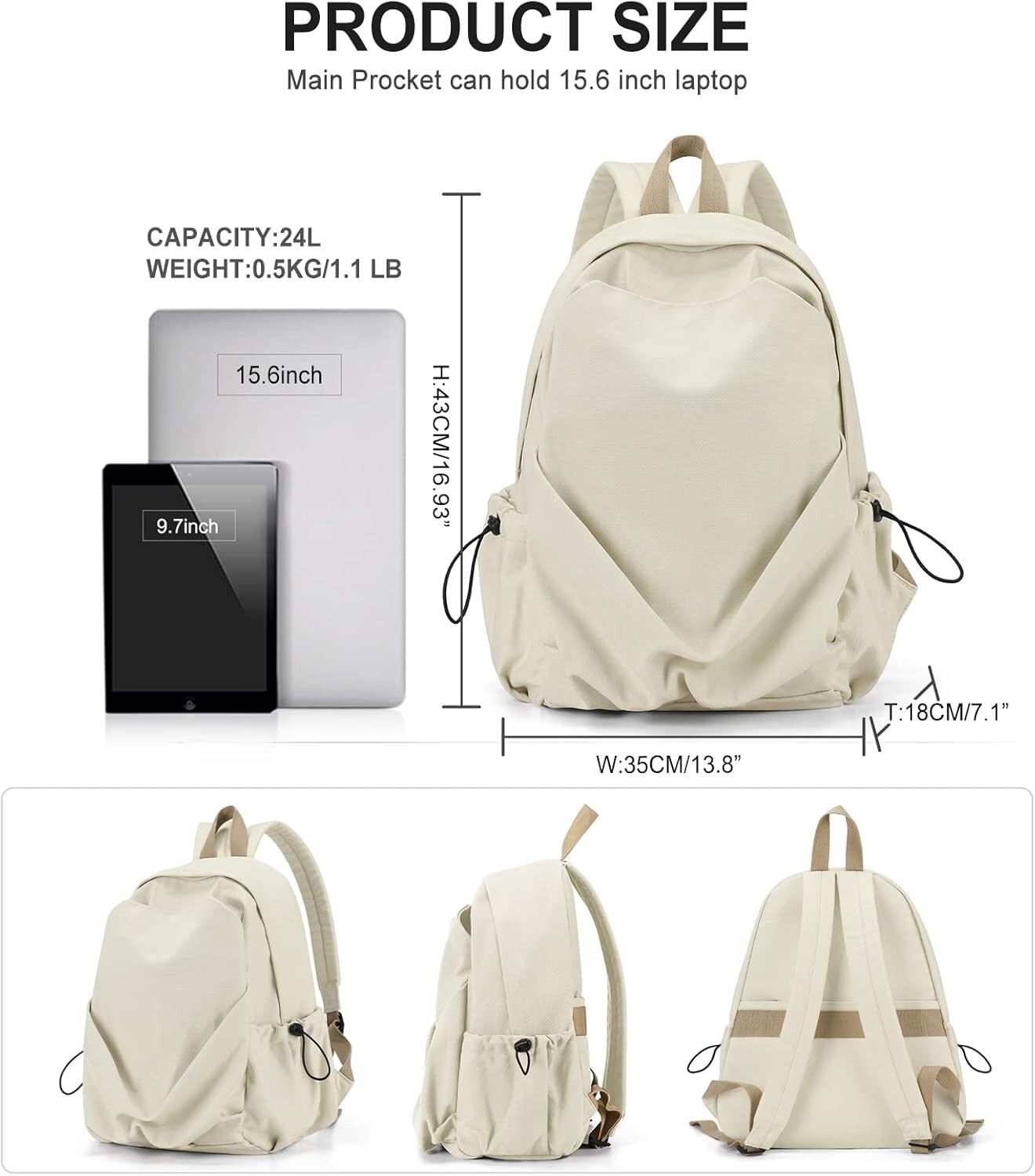 Basic BeigeSchool Backpack For Women Men,Lightweight Casual Daypack