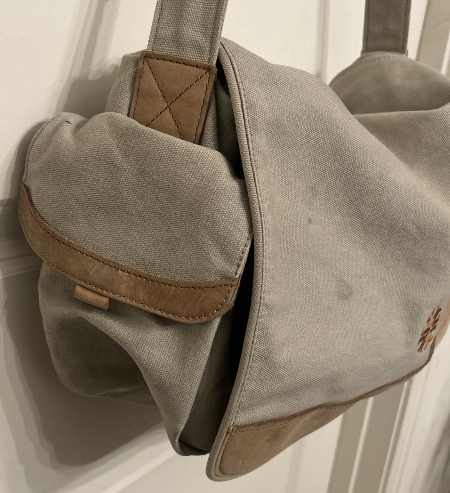 100% Cotton LL Bean Canvas Leather Cross Body Utilitarian Messenger Tote Bag
