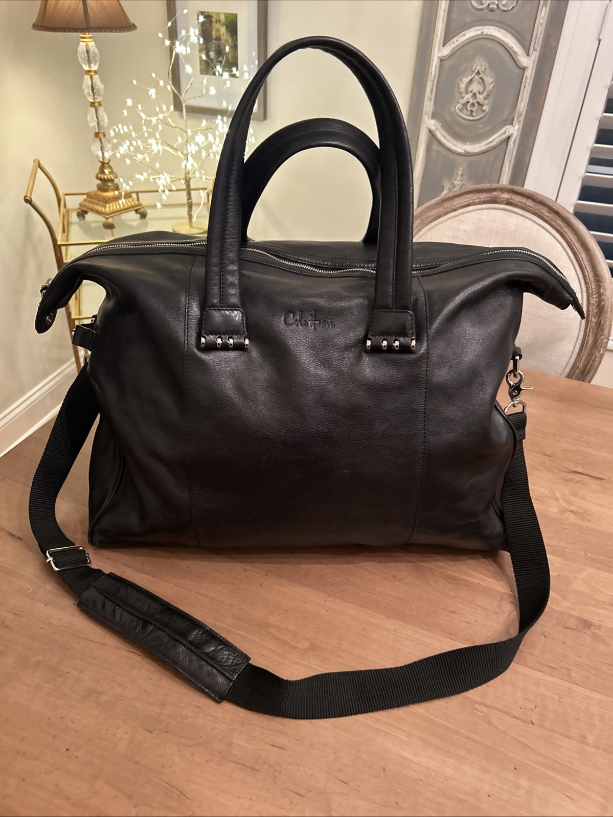 COLE HAAN MENS BLK LEATHER WEEKENDER Duffle BAG / Beautiful