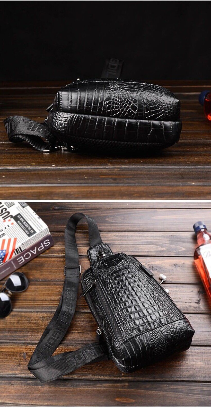 Men’s Leather Chest Bag Tactical Backpack Single Shoulder Crossbody Travel Bag