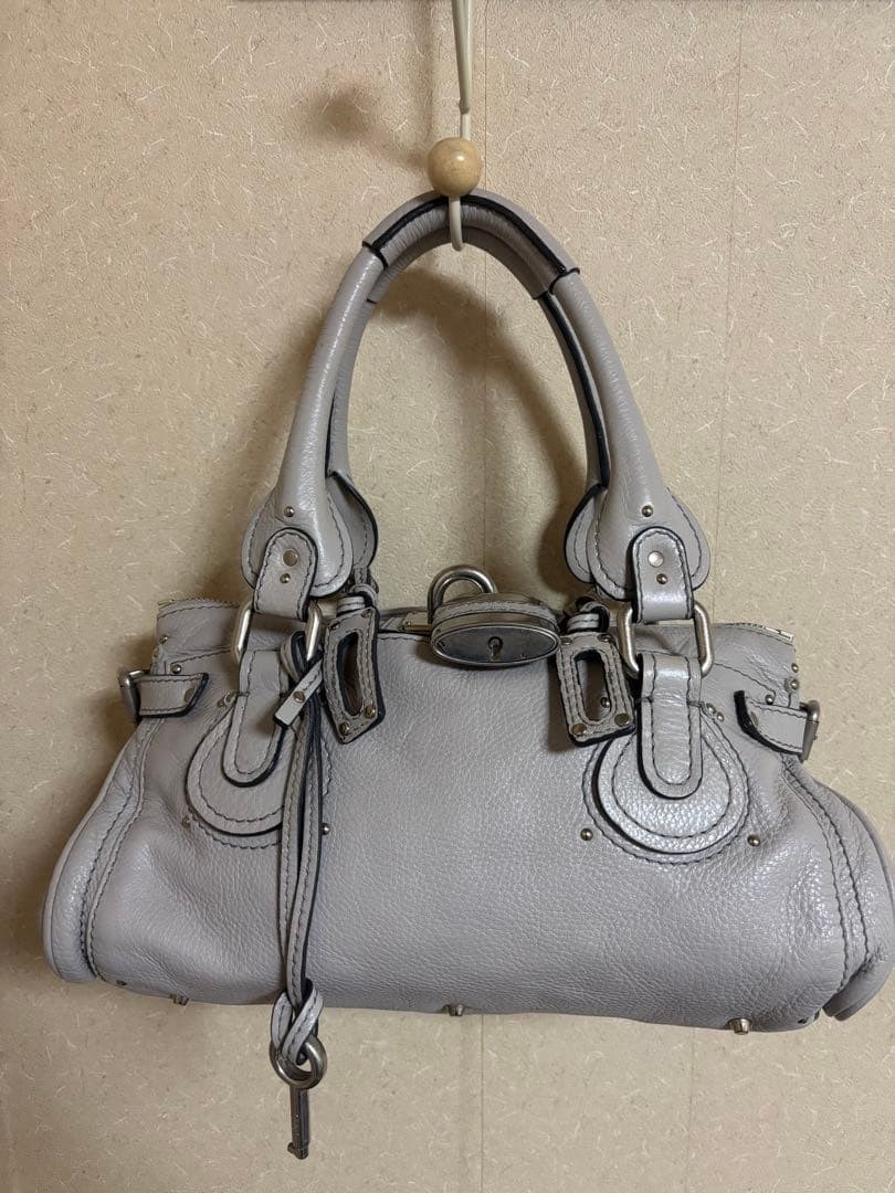 Chloe Paddington Handbag Key Cadena Gray Beige With Guarantee