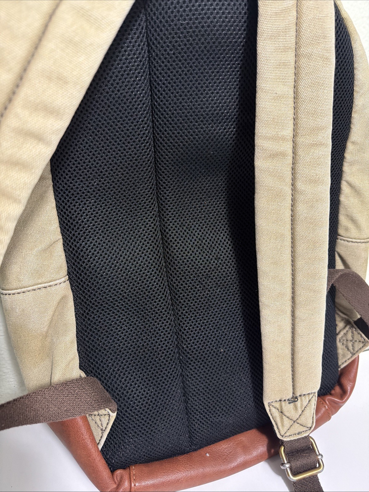 Fossil Estate Canvas Leather Backpack Beige Brown Stained 16x10x5