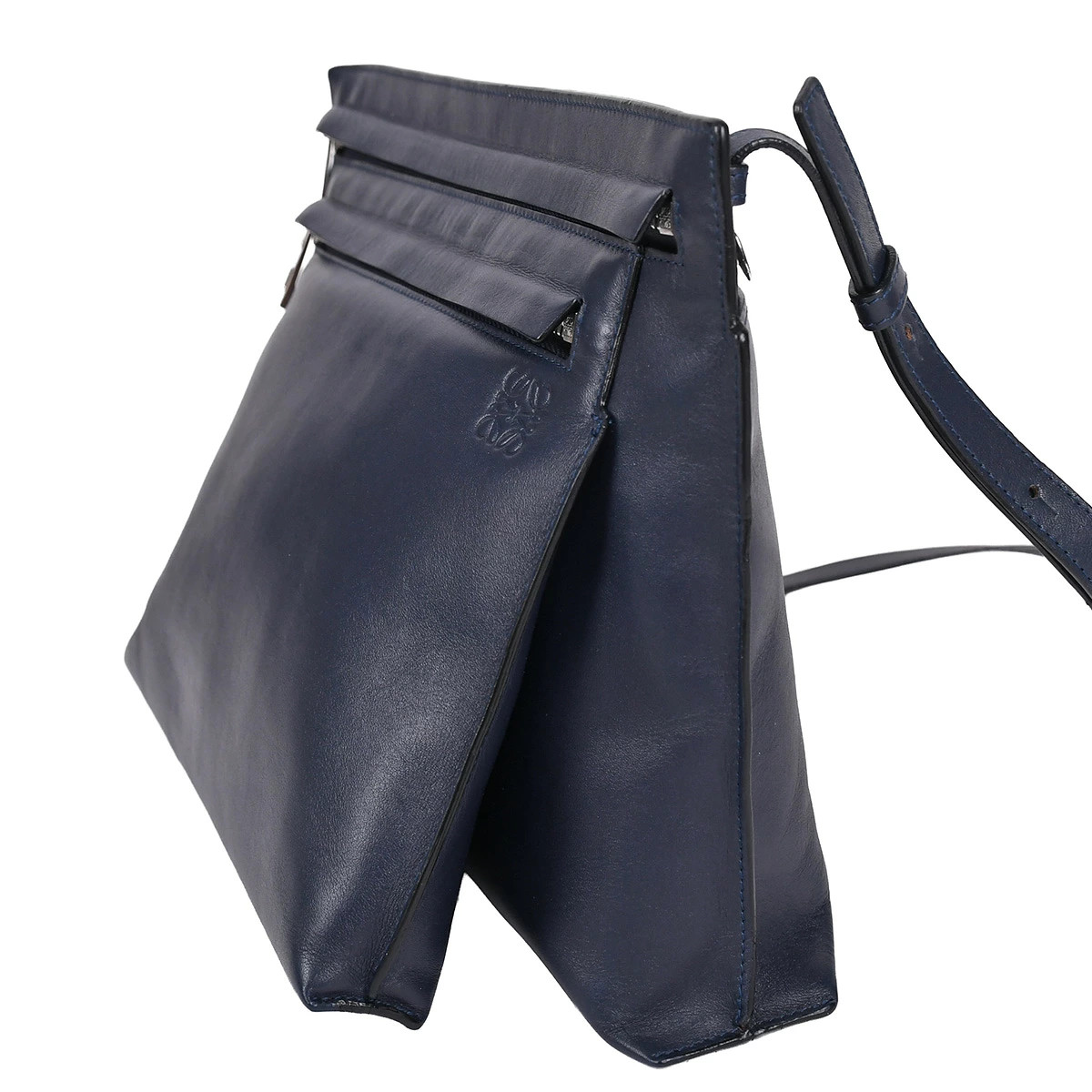 LOEWE Anagram Large Double Pouch Shoulder Crossbody Leather Navy Silver