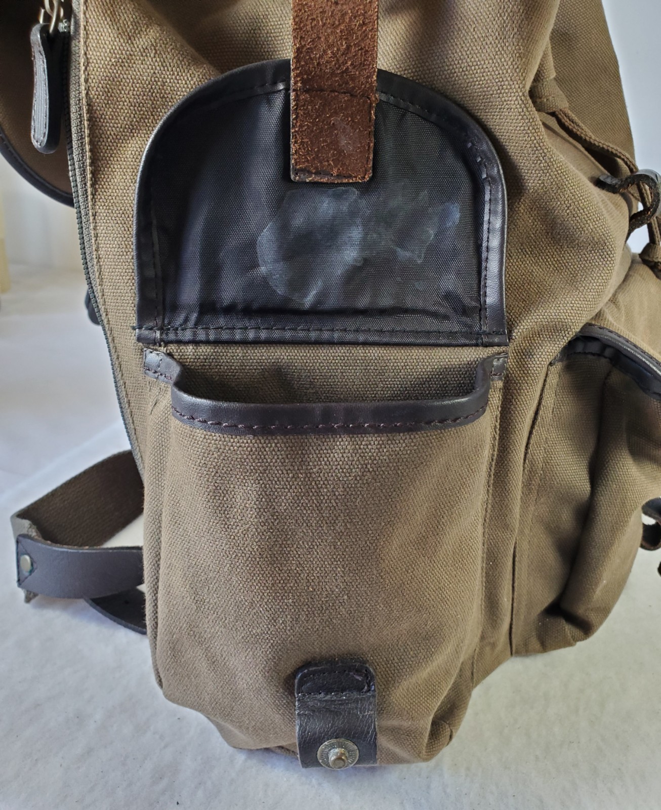 GAP Canvas Military Backpack Leather Straps Snap Pockets Drawstring/ Zipper READ
