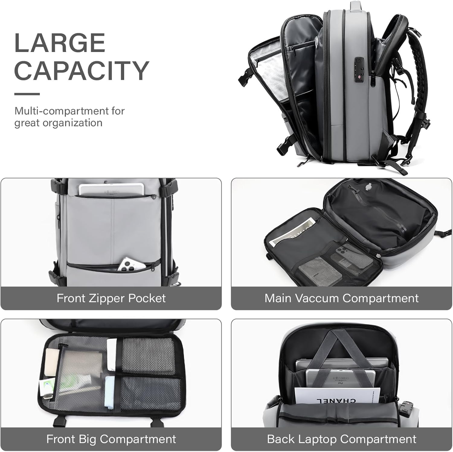 60L Expandable Travel Backpack with Vacuum System & TSA Lock – Grey