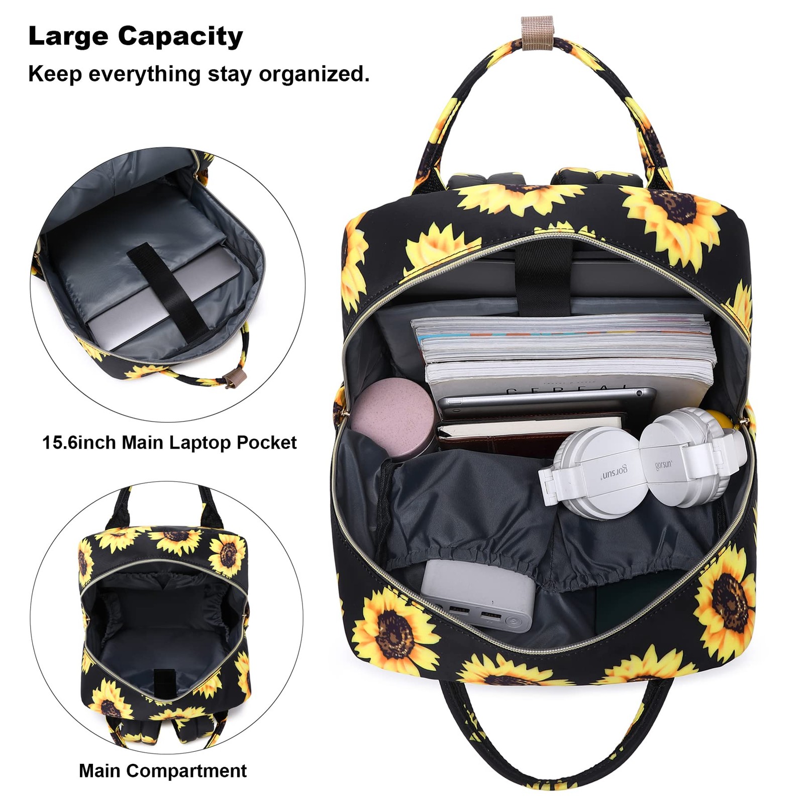 Sunflower Laptop Backpack College Bookbag Women Travel Fits 15.6 Inch