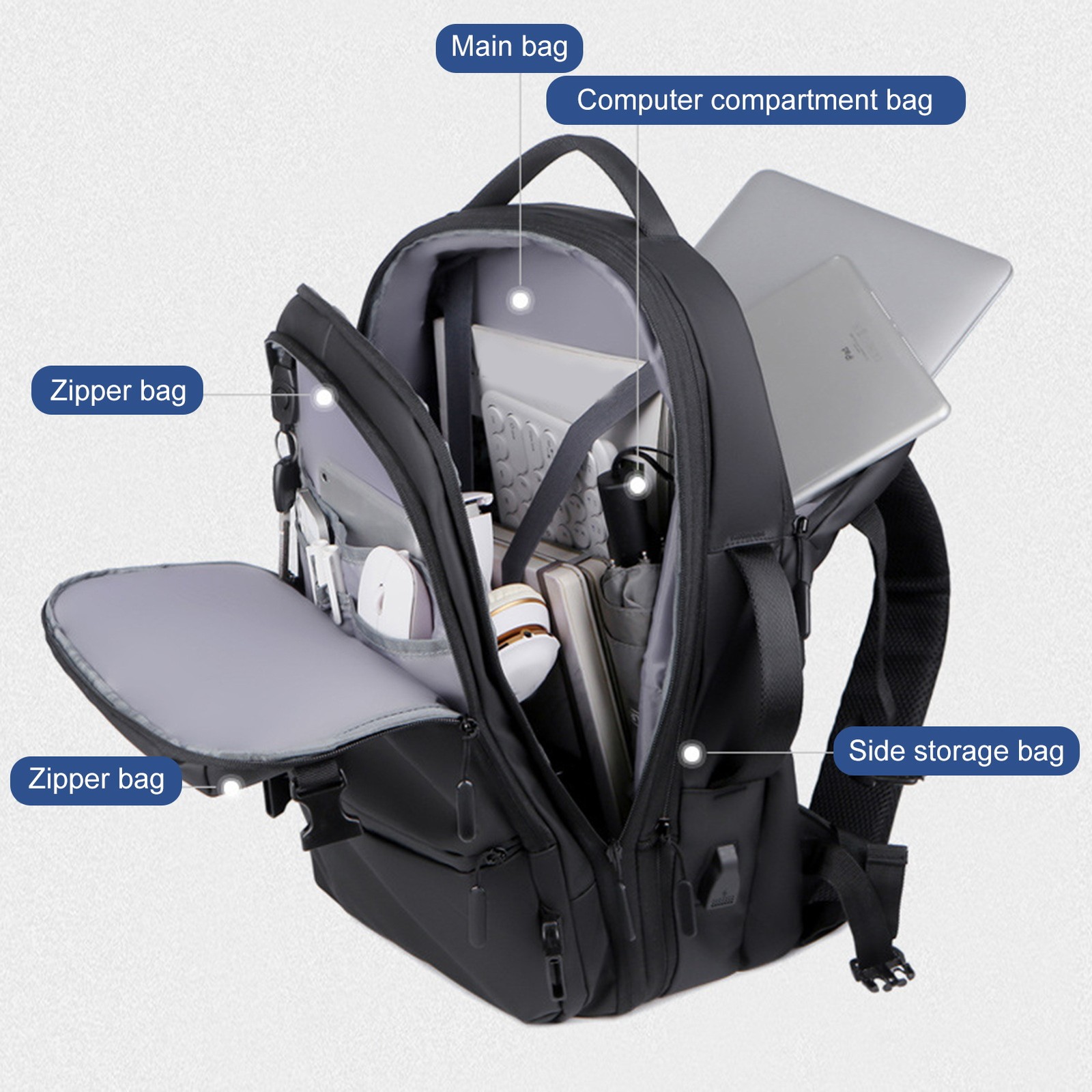 Waterproof Expandable Backpack USB Port Anti Theft Lock 18.9×11.8×6.3in