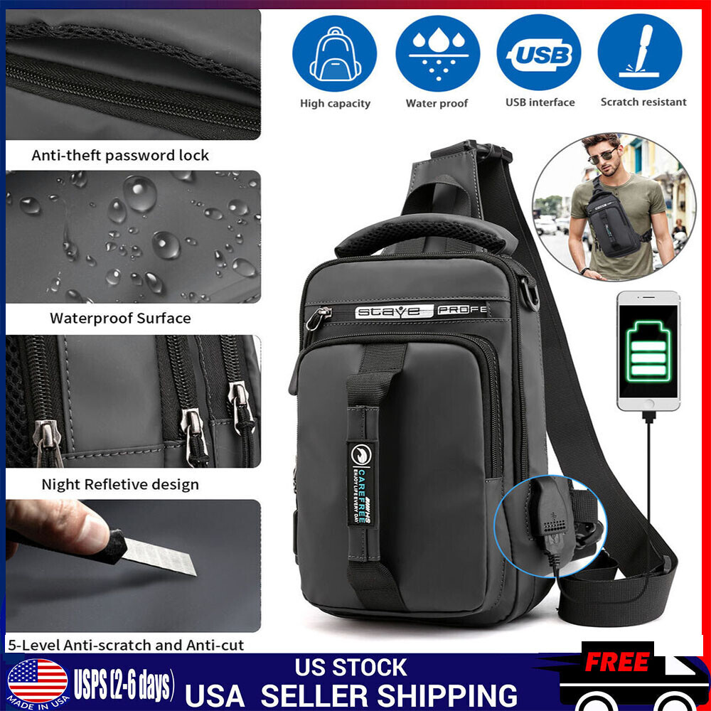 Anti-theft Chest Shoulder Messenger Backpack Men Sling Crossbody Bag USB Port US