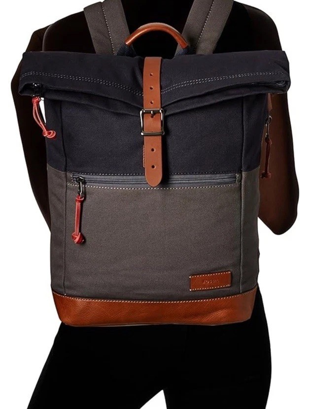FOSSIL Defender Rolltop Backpack Navy Gray Leather Rucksack Gorpcore