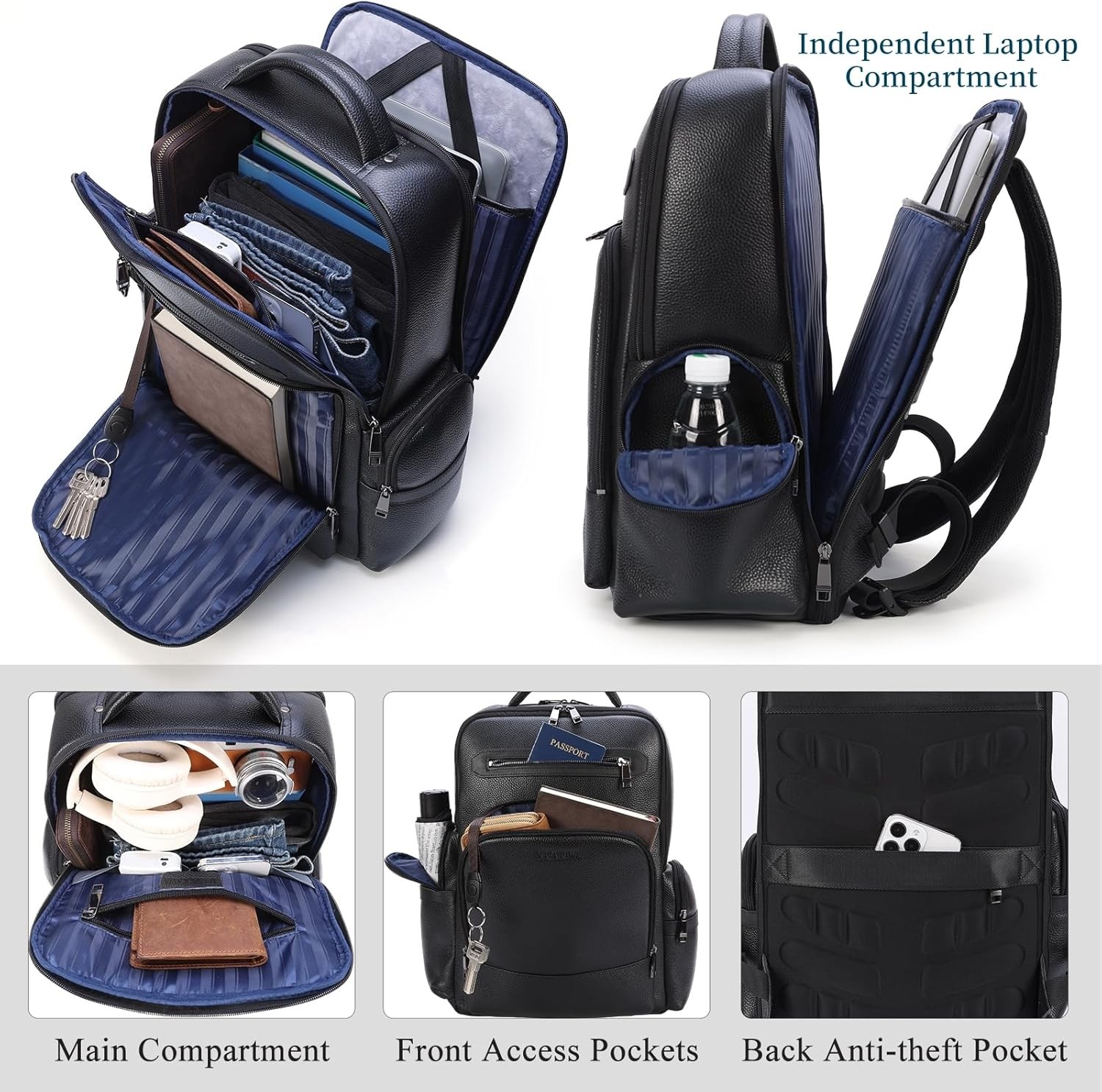 Black Leather Laptop Backpack Men Fits 15.6″ 16″ Business