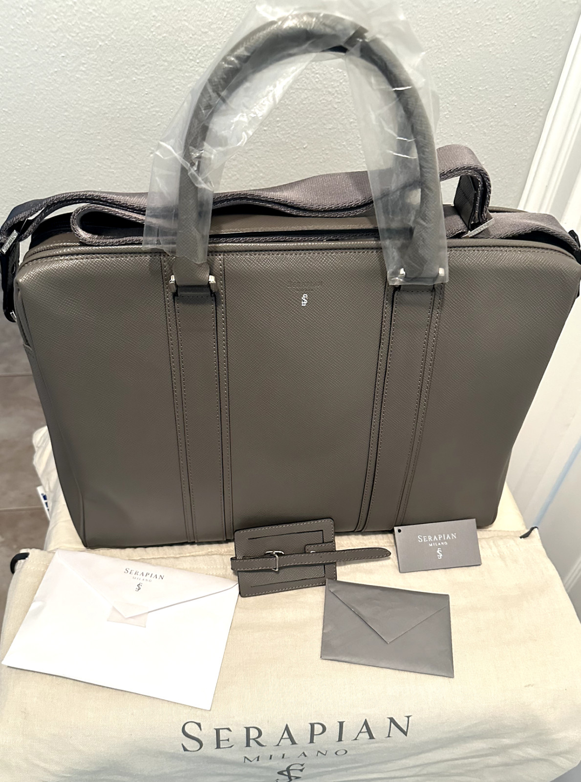 Serapian Grey Saffiano leather two compartment Briefcase