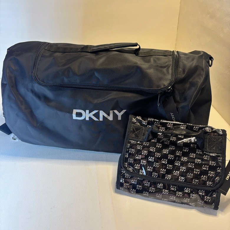 New DKNY Black Travel Set Duffle Gym + Toiletry Bag Sports Weekend Donna Karan