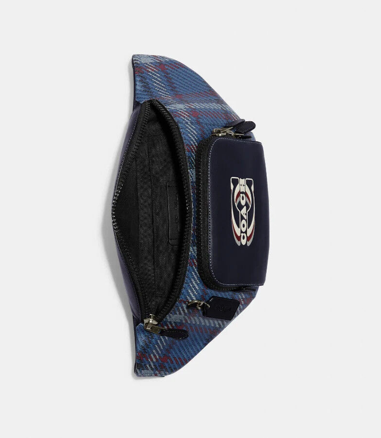 Coach Navy Multi Plaid Print Coated Canvas & Calf Leather Track Belt Bag (CH109)