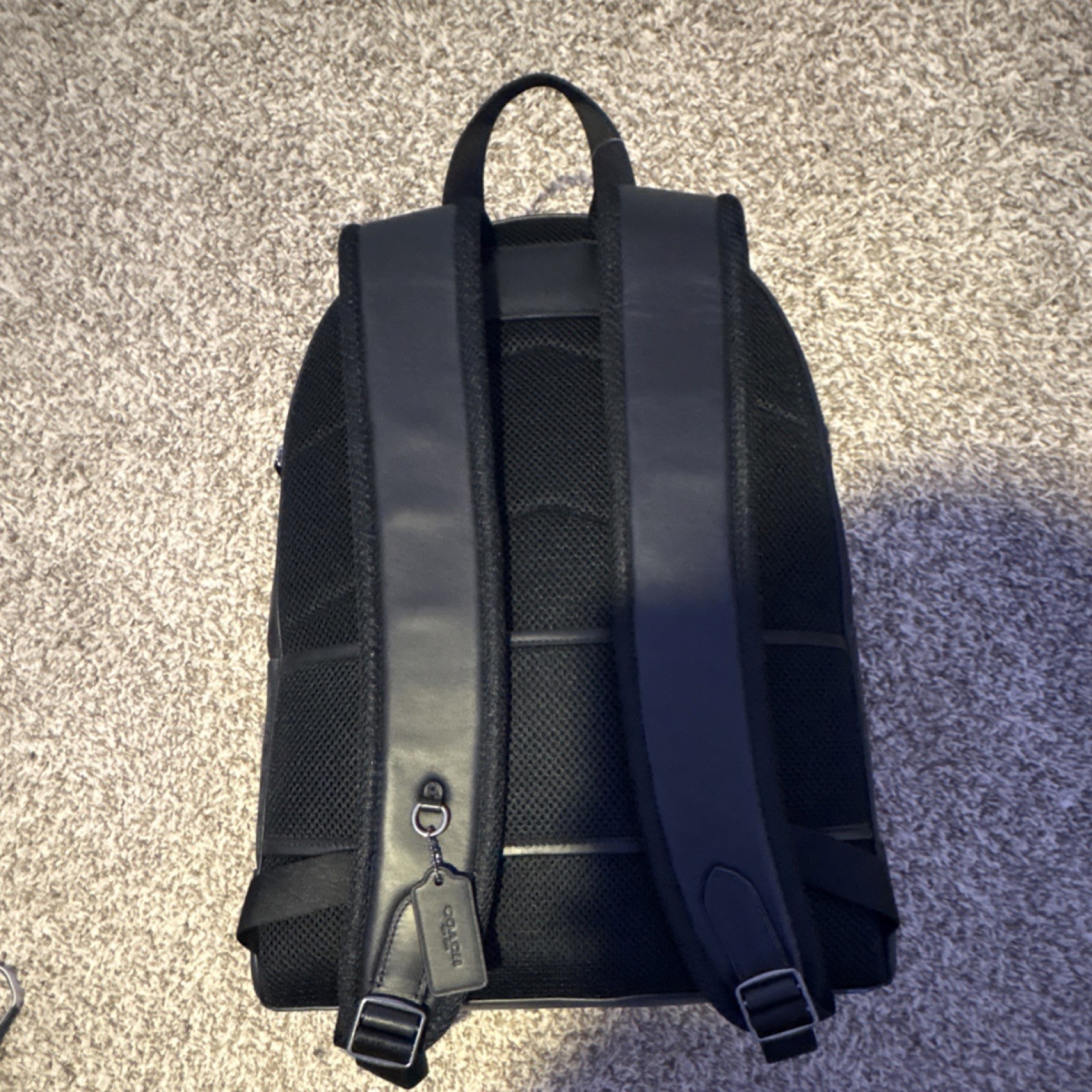 Coach Men’s Logo Stripe Backpack Black Blue White Adjustable Strap Inner Pockets