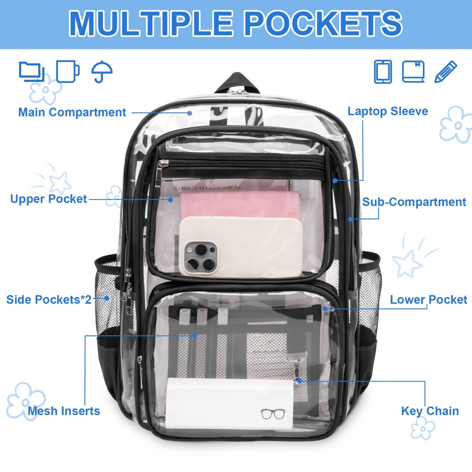 Large Heavy Duty Clear Backpack for School & Travel, Reinforced PVC See-Through