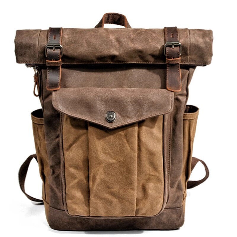 Men’s Retro Oil Wax Canvas Backpack Shoulder Bag Leisure Travel Knapsack