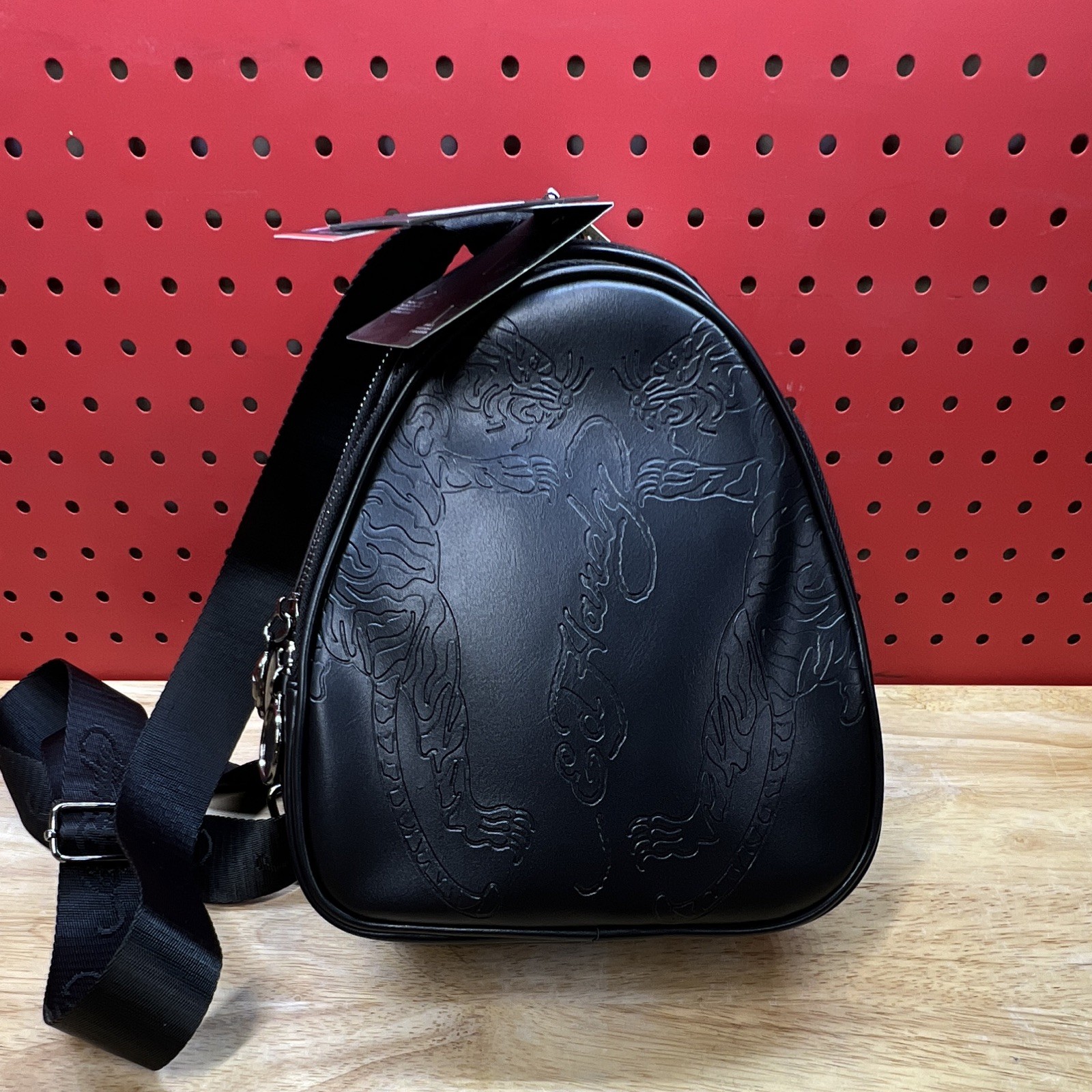 Ed Hardy Black Tiger Embossed Crossbody Bag, Small, Zip, Adjustable Strap