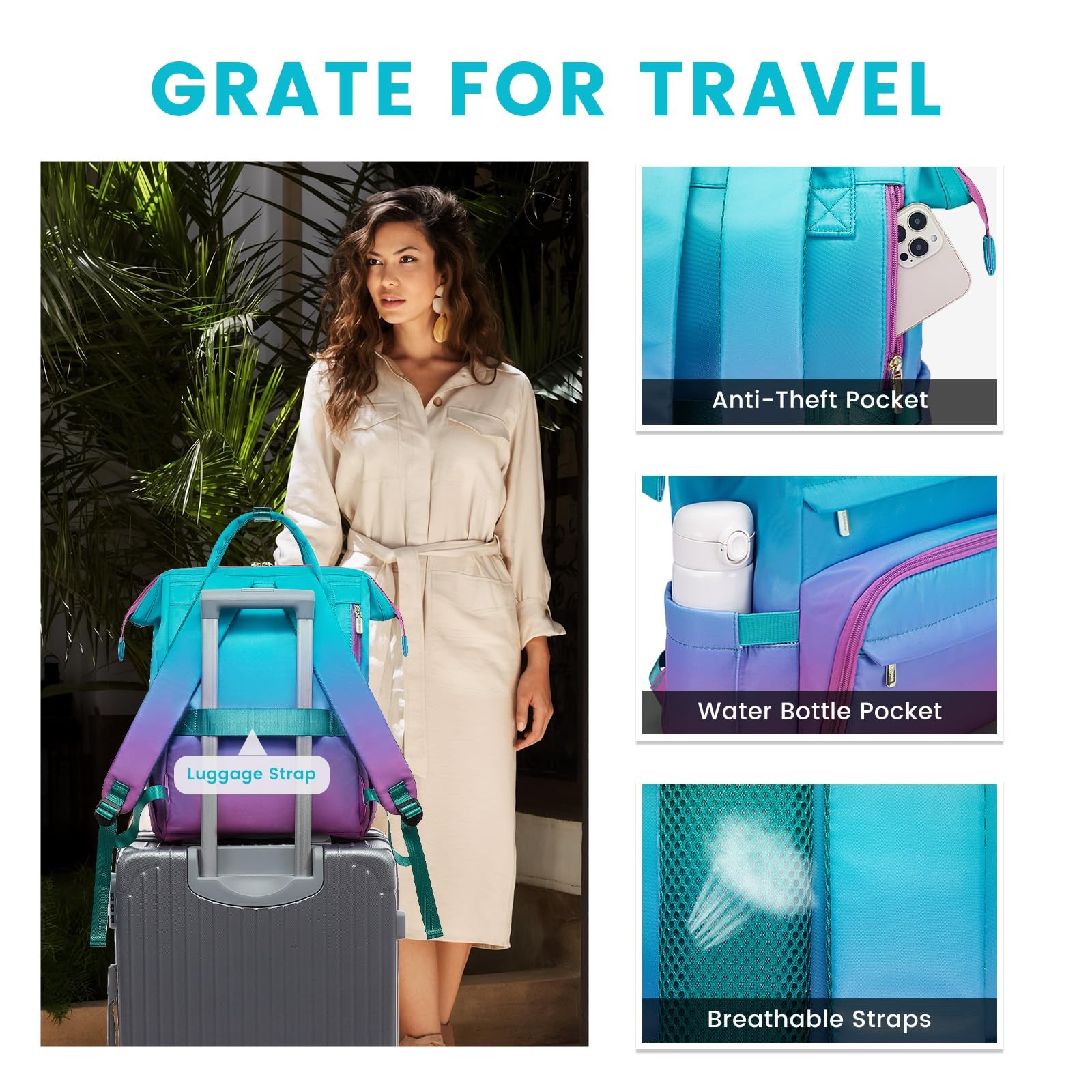 15.6 Inch Laptop Backpack for Women, Waterproof Anti~Theft Travel Bag