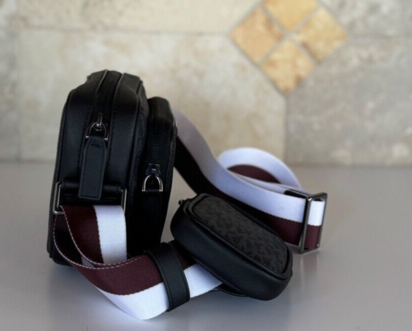 MICHAEL KORS RIVINGTON STRIPED CROSSBODY CAMERA BAG WITH POUCH OXBLOOD