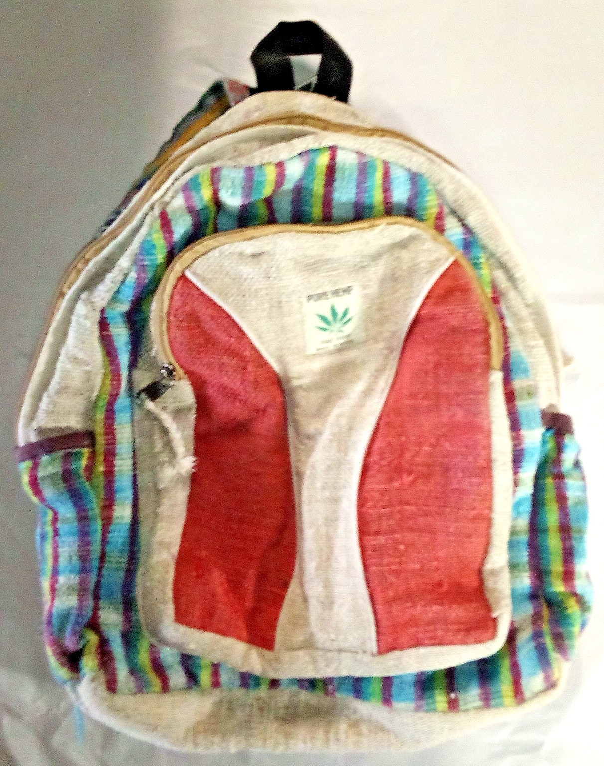 PURE HEMP THC FREE MADE IN NEPAL BACKPACK MULTI STRIPE MULTI ZIP POCKETS Mahab