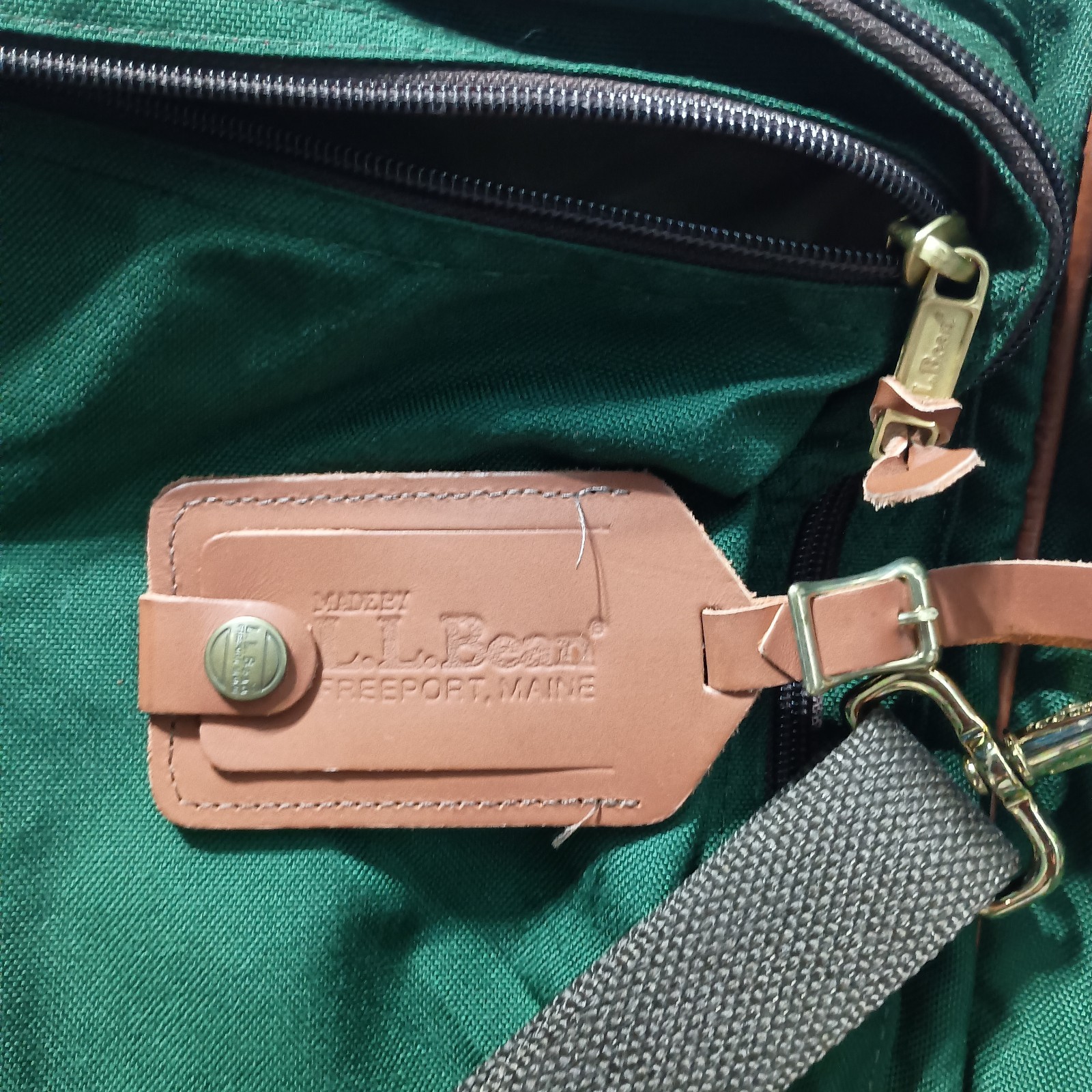 Vintage LL Bean Green Brown Canvas Weekender Bag Full Zip Luggage Leather Trim