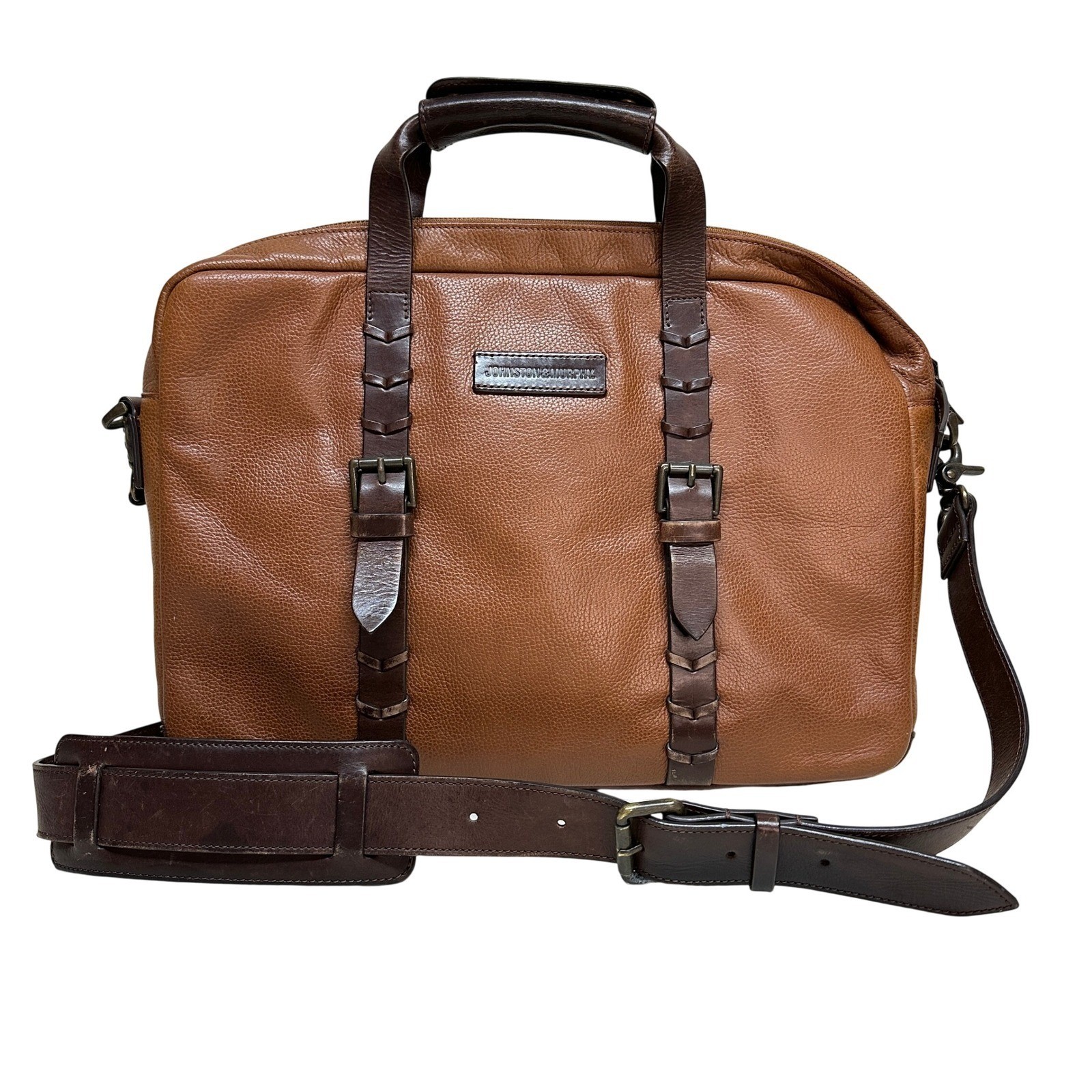 Johnston & Murphy Mens Brown Leather Briefcase Laptop Messenger Bag Two Tone