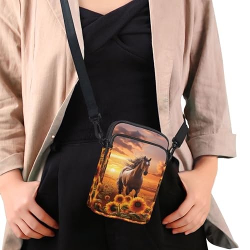 2 Layer Cat Print Crossbody Bags Polyester Horse Sunflower Sunset Brown