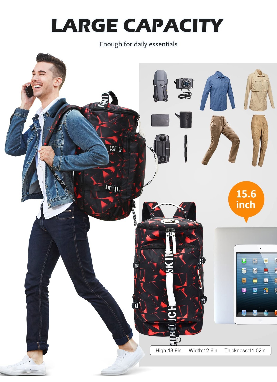 40L Water-Resistant Gym Duffle Backpack | Weekender Travel Sling Bag for Men & W