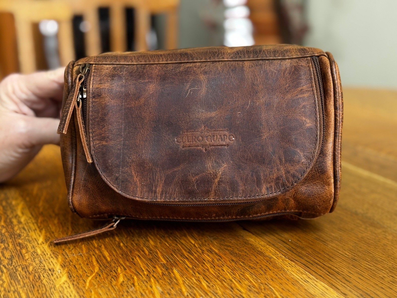 medium size Grain Leather Dopp Kit Shaving Toiletry Travel Bag Brown