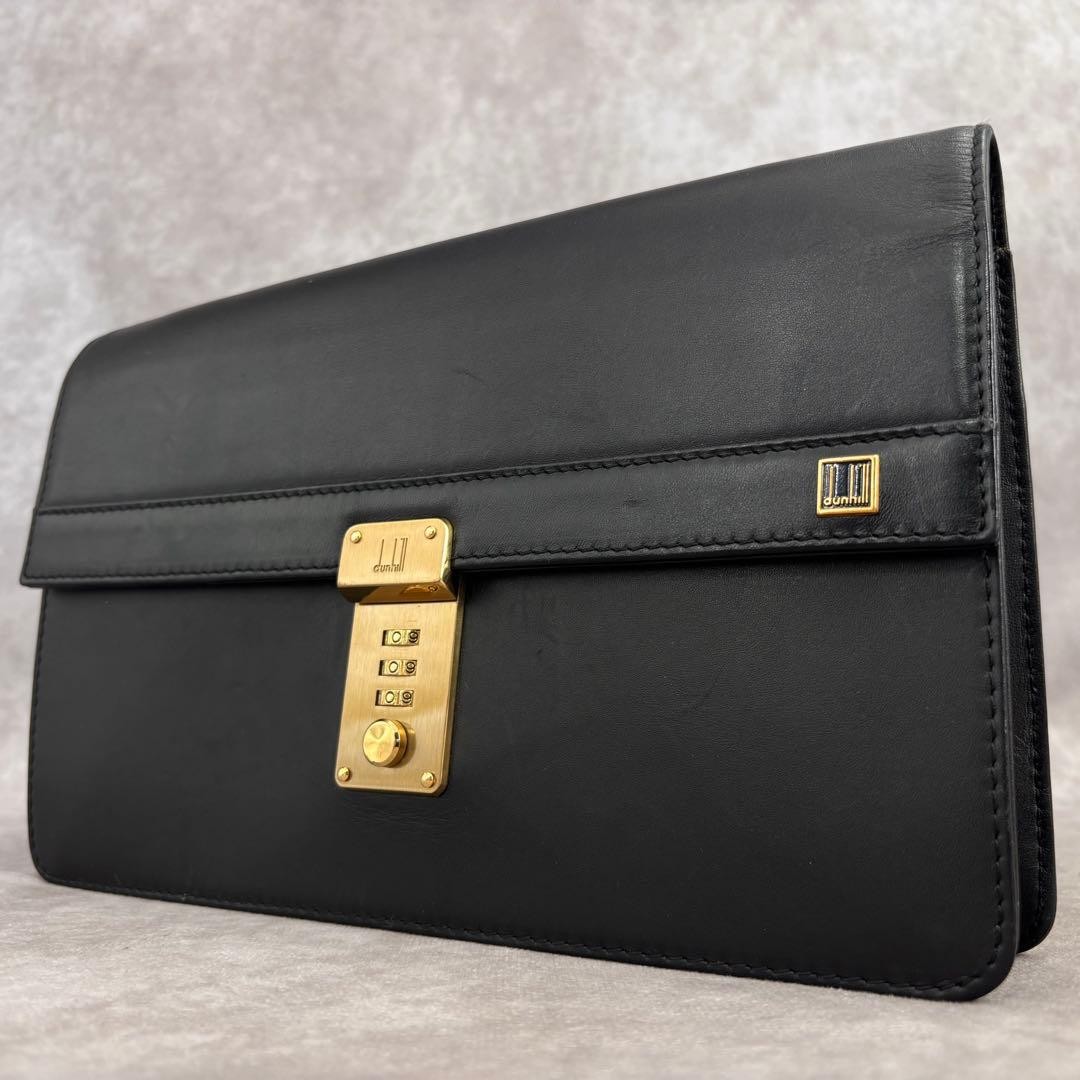 Dunhill Flap Clutch Bag Second Bag Black Leather Wrist Strap Dial Lock Men’s