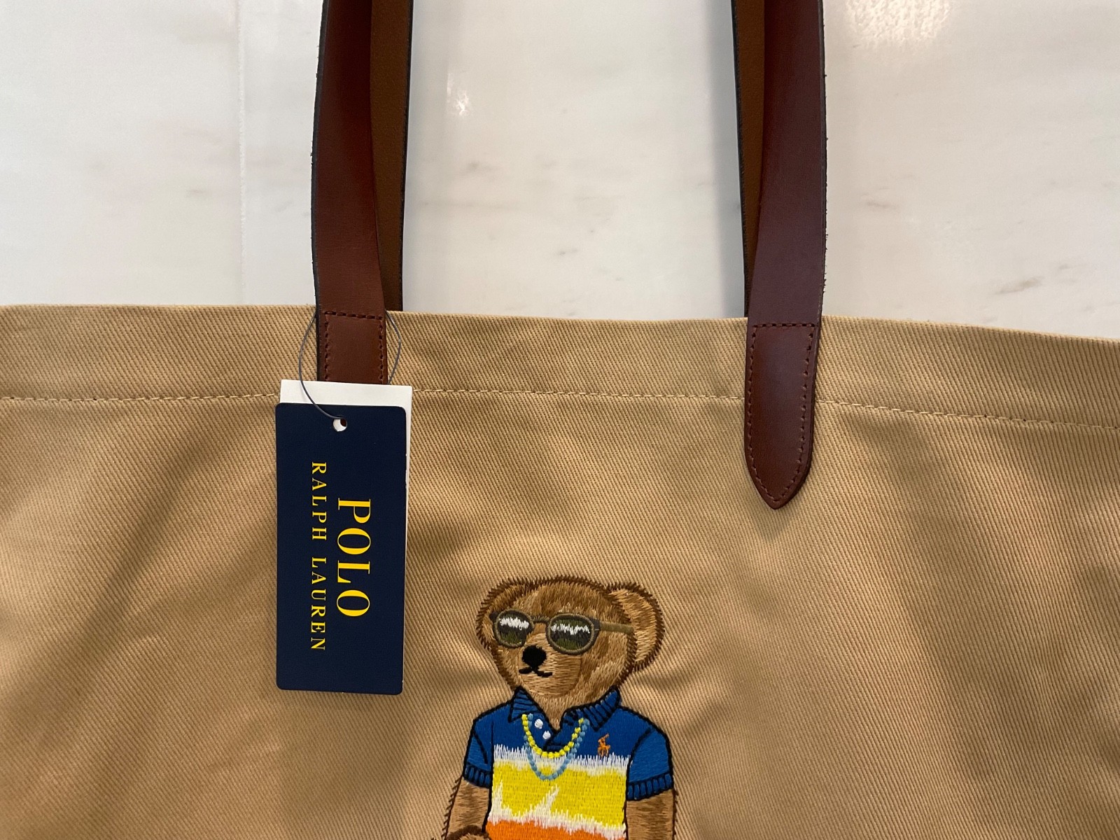 Polo Ralph Lauren Khaki Tan BEACH SHOP BEAR Cotton Twill Embroidered Tote Bag