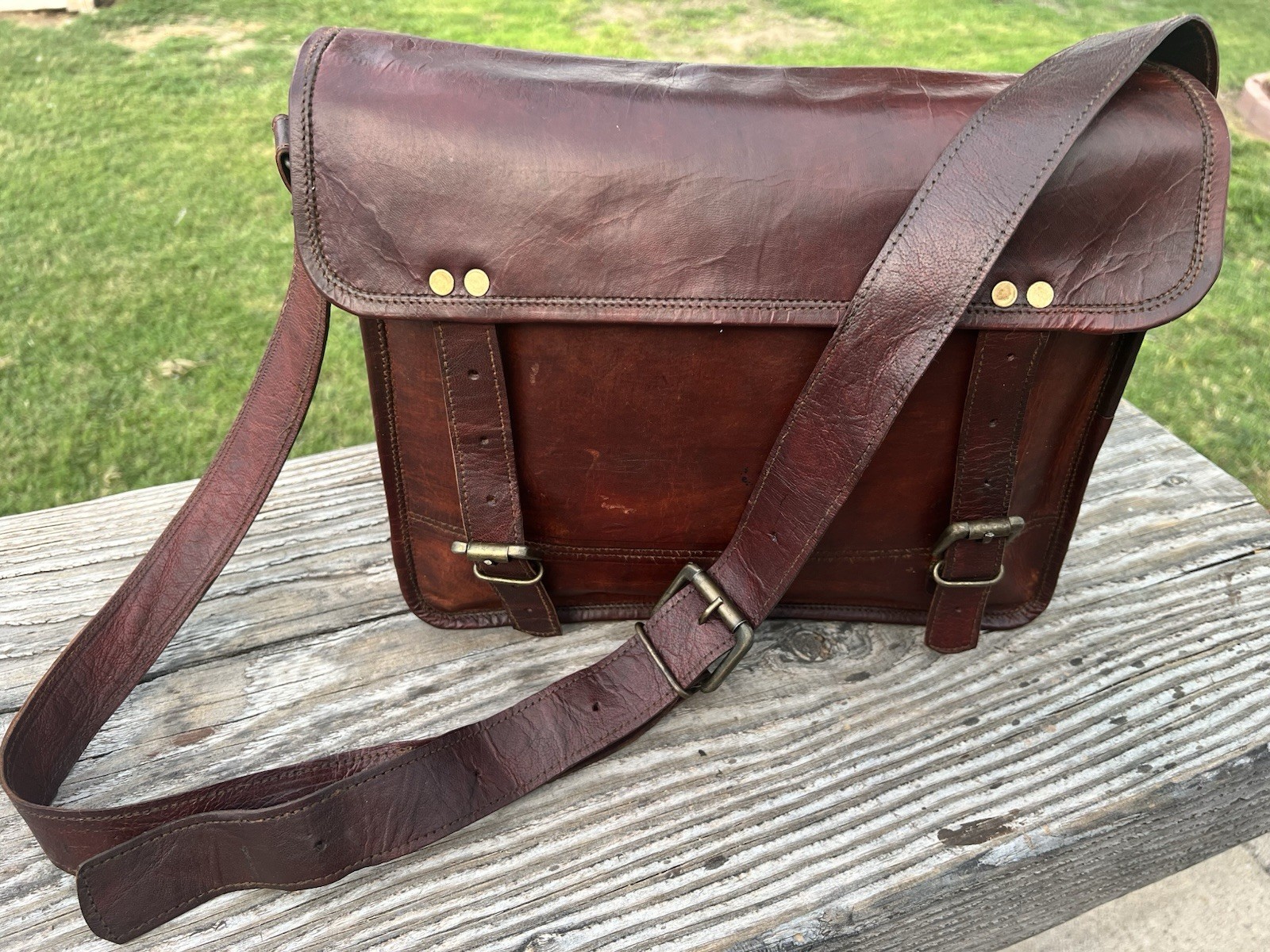Vintage Leather Messenger Bag Briefcase Laptop Fabric Interior 13″x 10″x 4″
