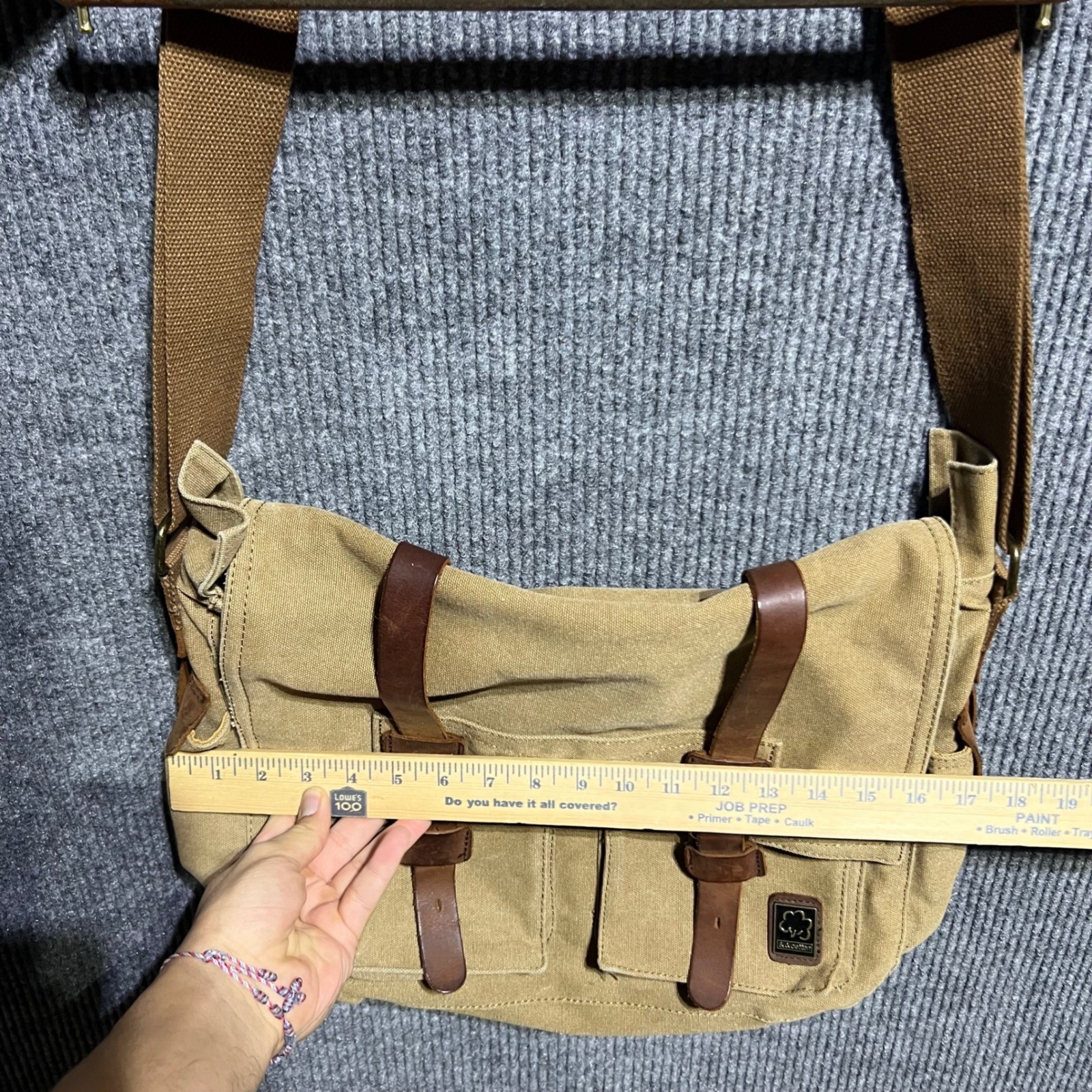 SC Cotton Messenger Bag Mens Large Tan Canvas Leather Trim Tactical Satchel