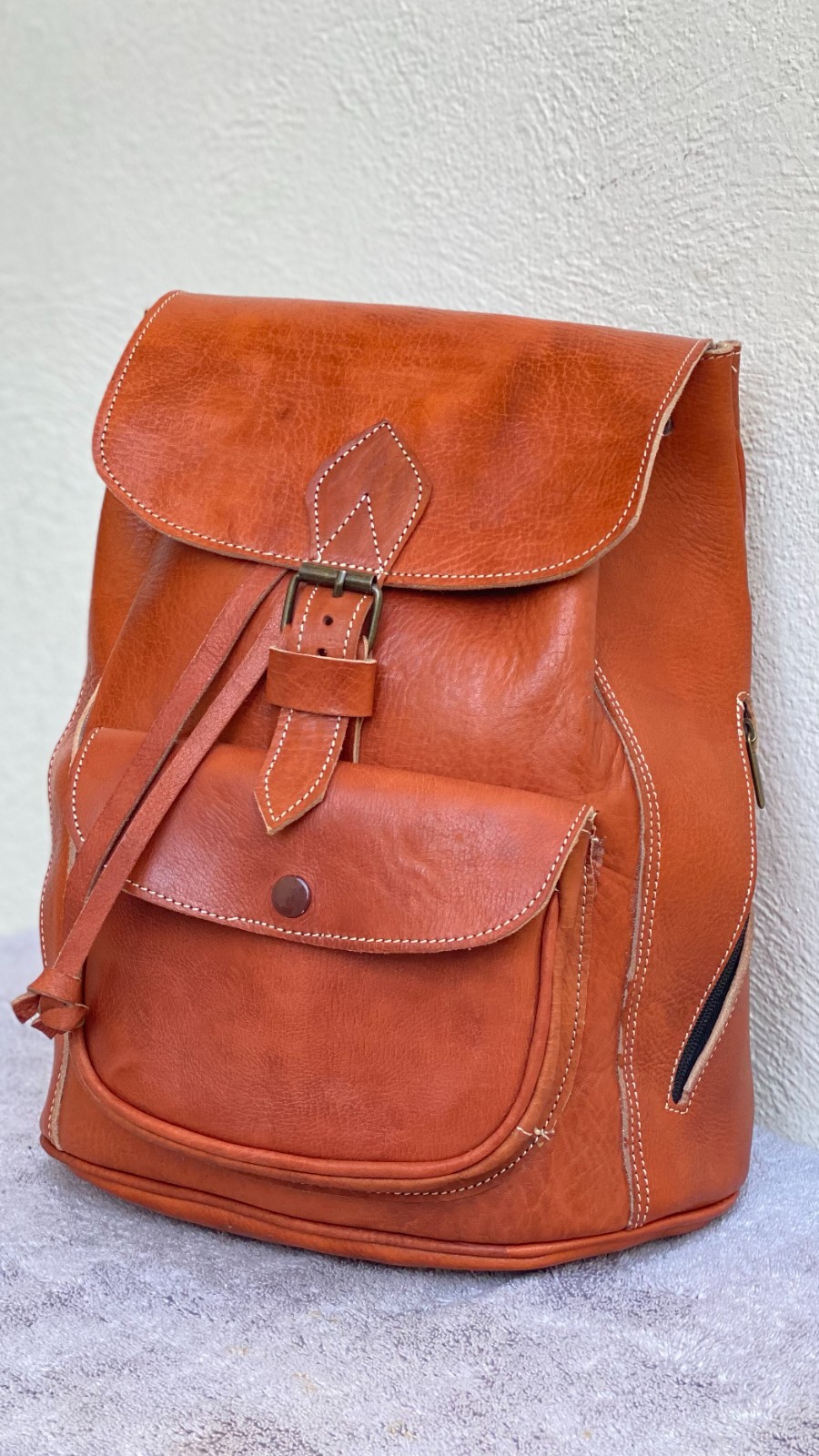Cognac Leather Backpack Handmade Morocco Button Closure Back Zip Pocket