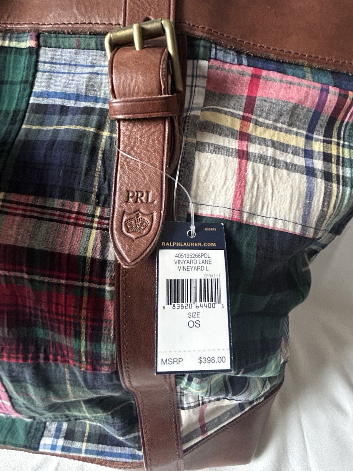 Ralph Lauren Plaid Fabric And Brown Leather Tote Bag New With Tag