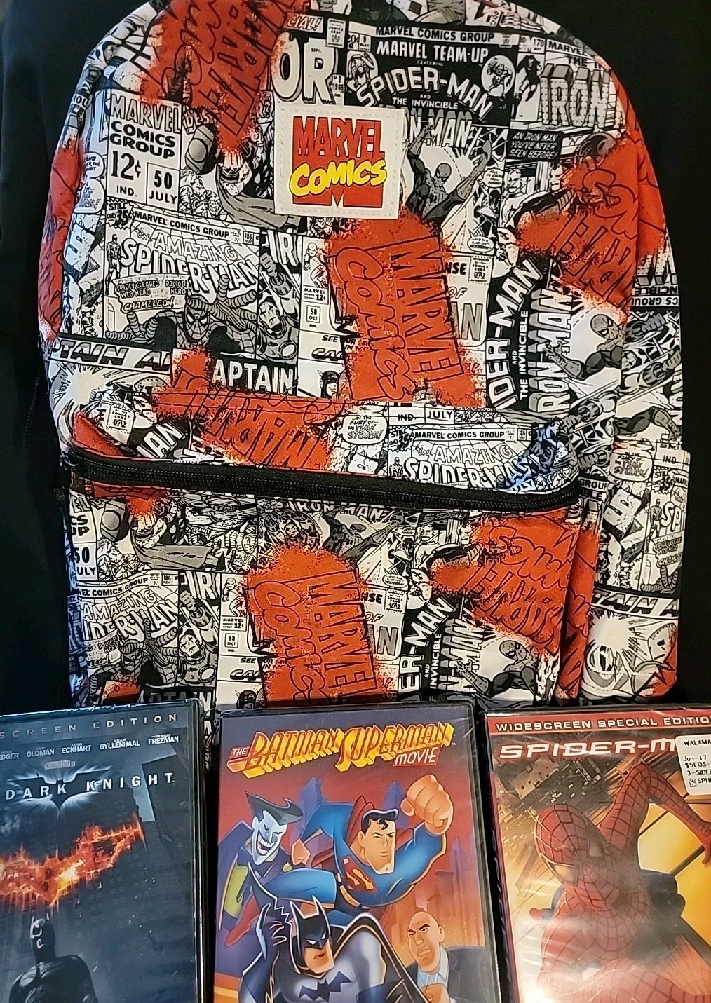 MARVEL COMIC BOOK BLACK WHITE COVER BACKPACK Plu 3 Sealed DVD Spiderman, BATMAN